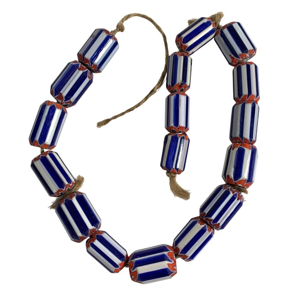 17 Vintage Venetian Millefiori Chevron Trade Beads on a Strand Royal Blue & Red